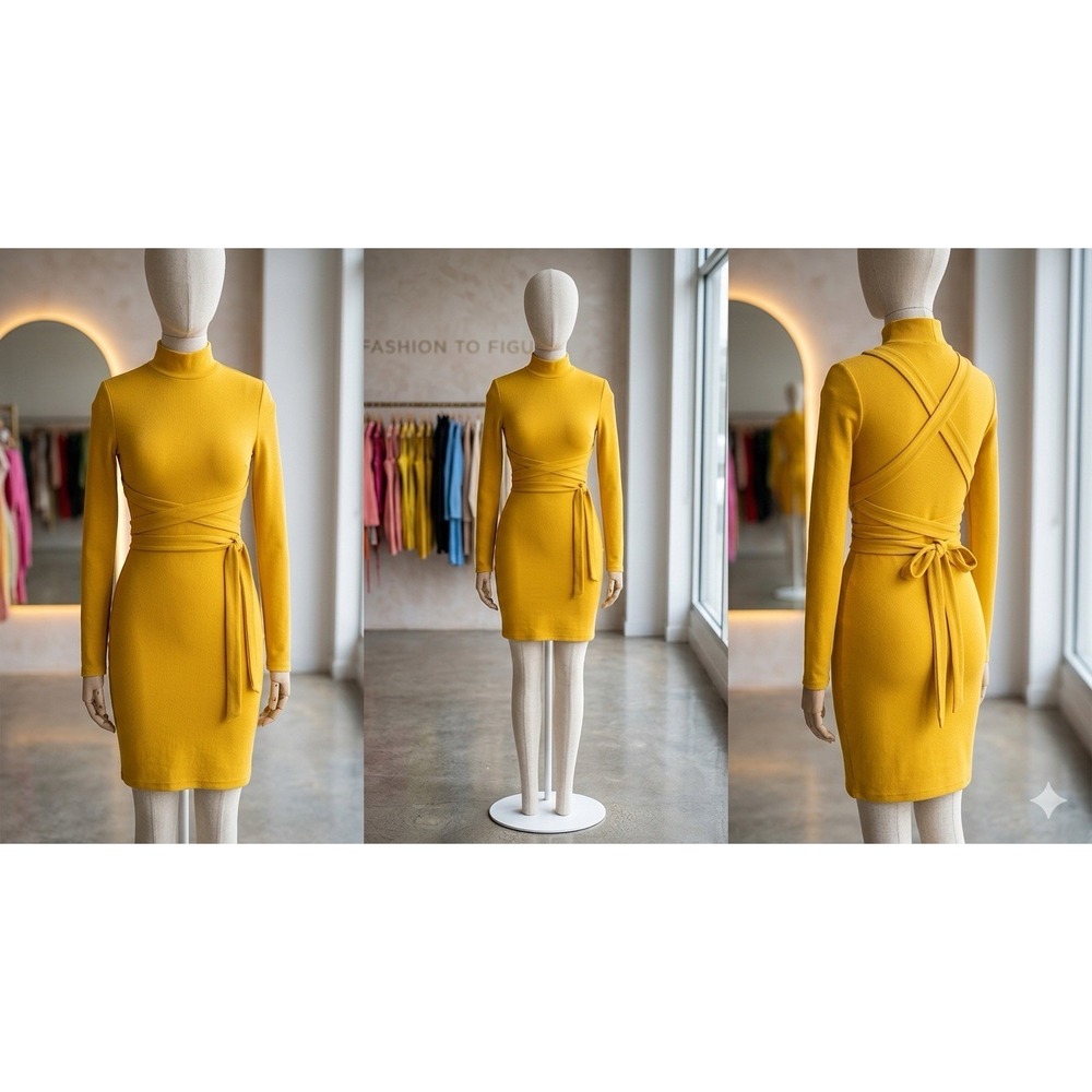 fashion to figure women's dress yellow mock neck dress with wrap-around straps